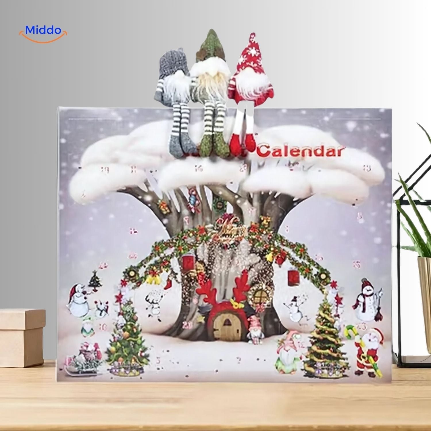 FestiveFrights Pluche Kalender boom scene advent kalender met kerstgnomen www.middo.nl